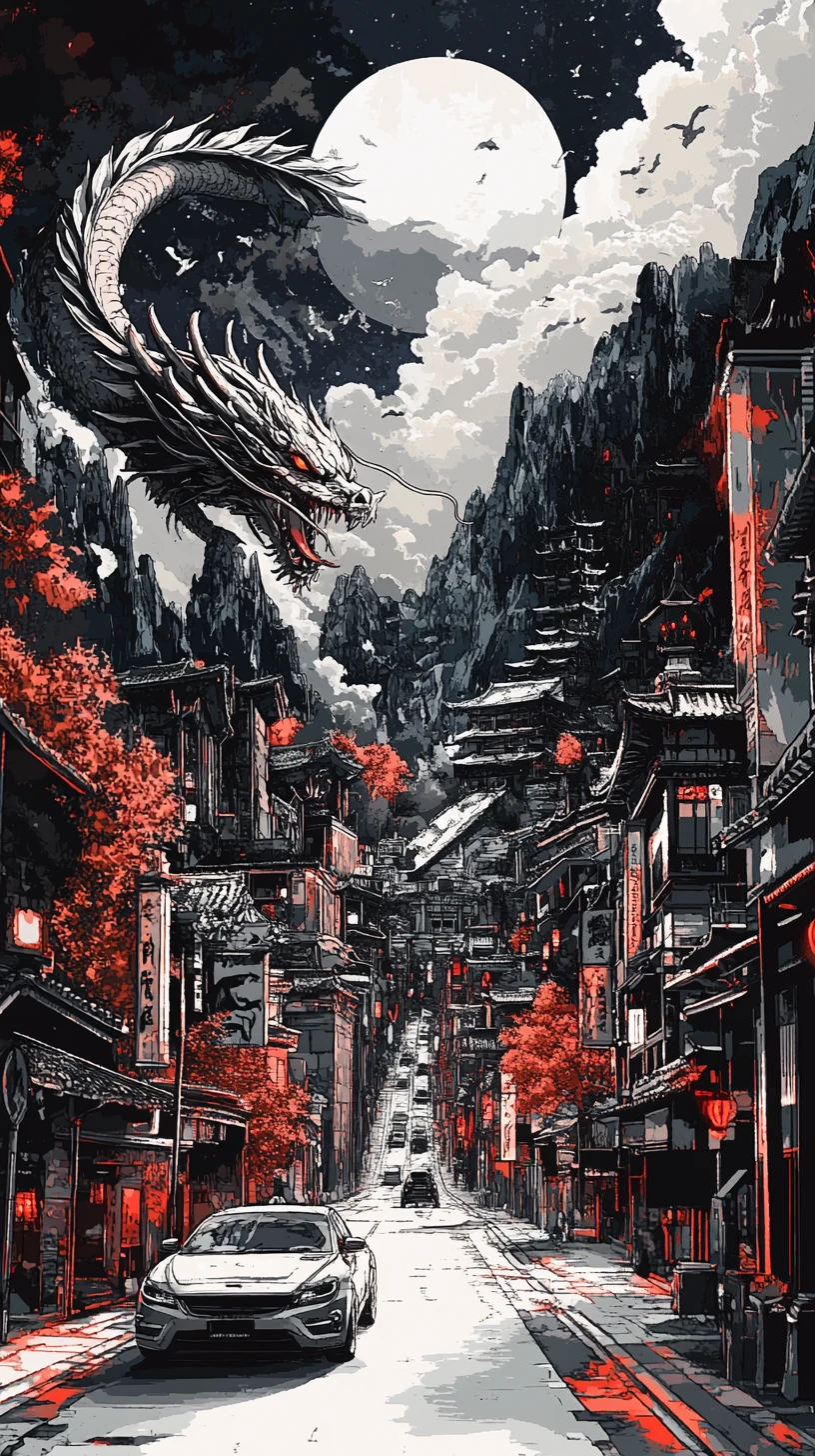 Anime-Stadtstraße mit Marmorboden und geparktem Auto