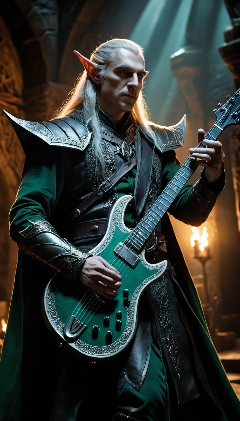Chanteur elfe supérieur avec guitare enchantée dans une salle de donjon