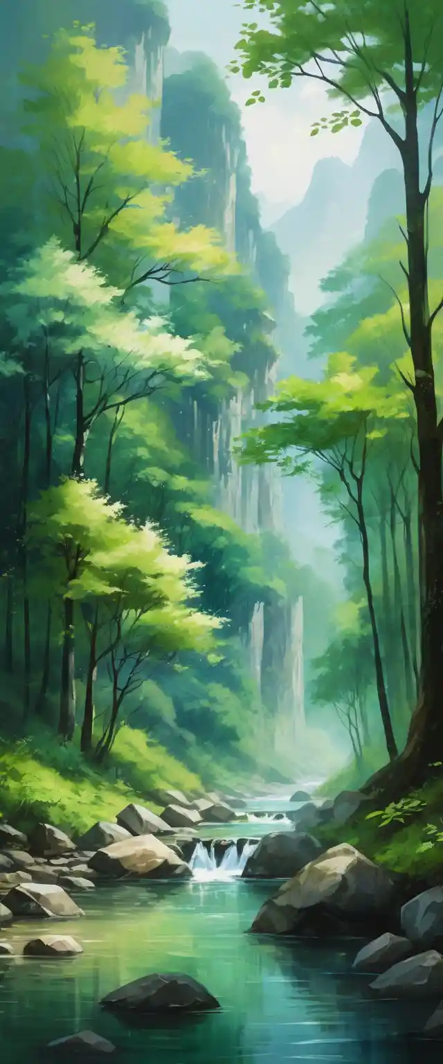 Peaceful forest stream flowing between tall green trees