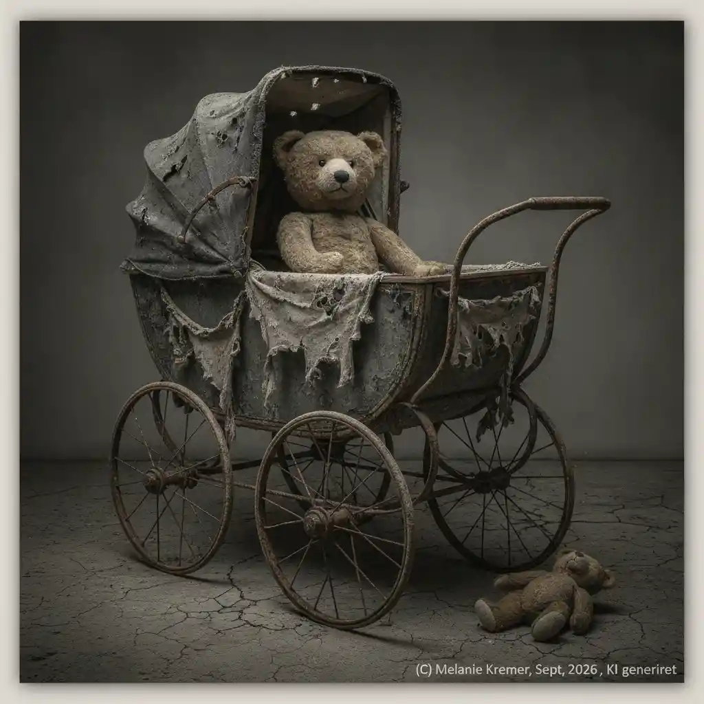 Weathered teddy bear in a tattered antique baby carriage