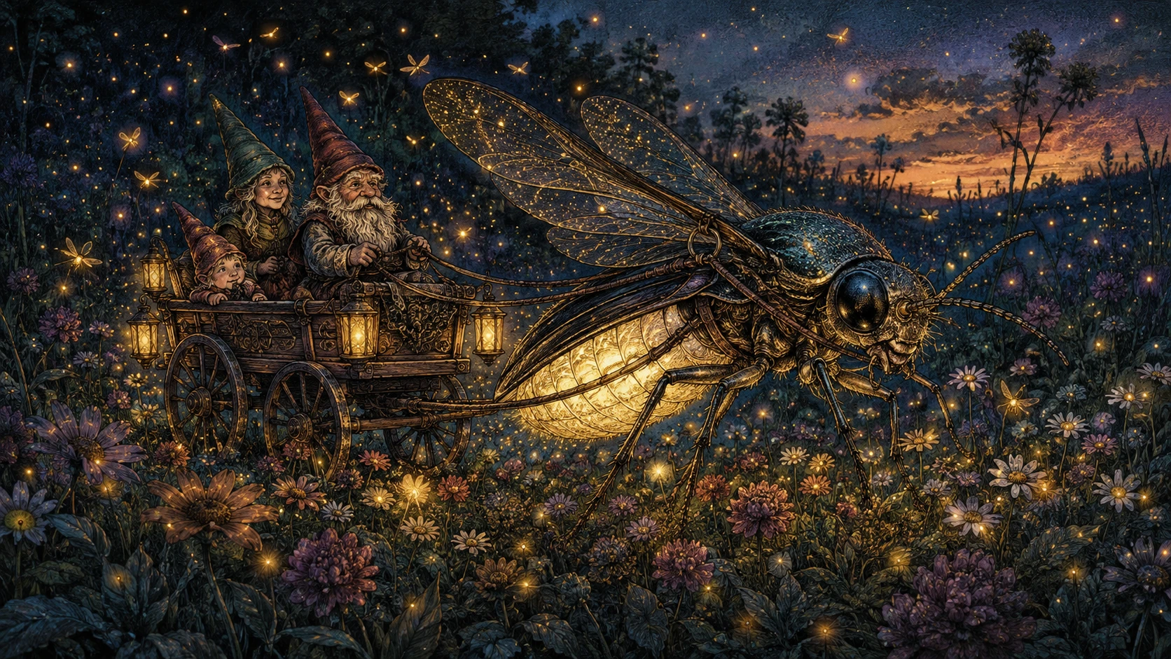 Famille de gnomes dans une charrette derrière une luciole lumineuse