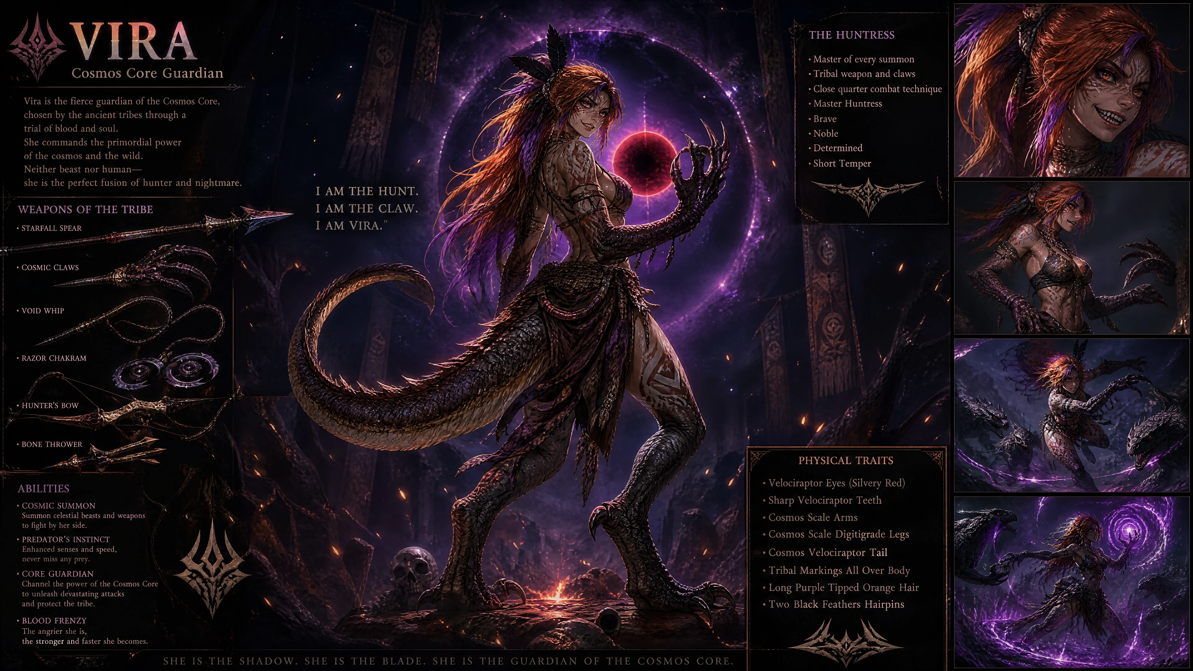 Caçadora tribal cósmica com traços de raptor e pintura de guerra