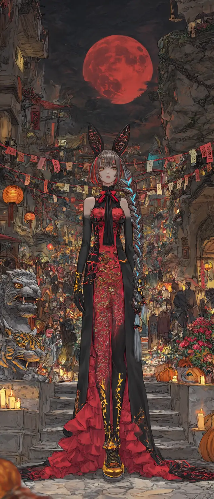 Fantasy city street carnival under a dark red moon