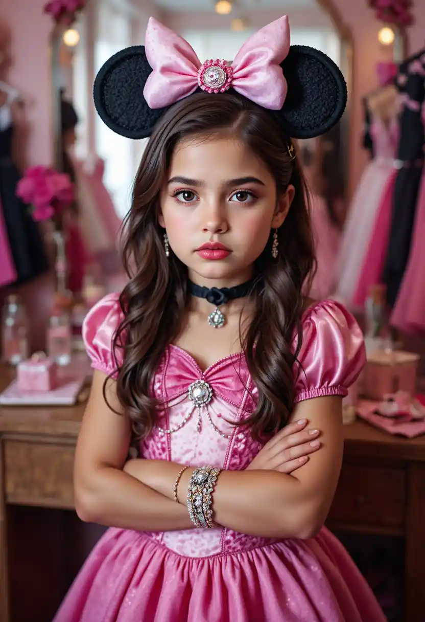 Nervous tween boy in Minnie princess costume at vanity