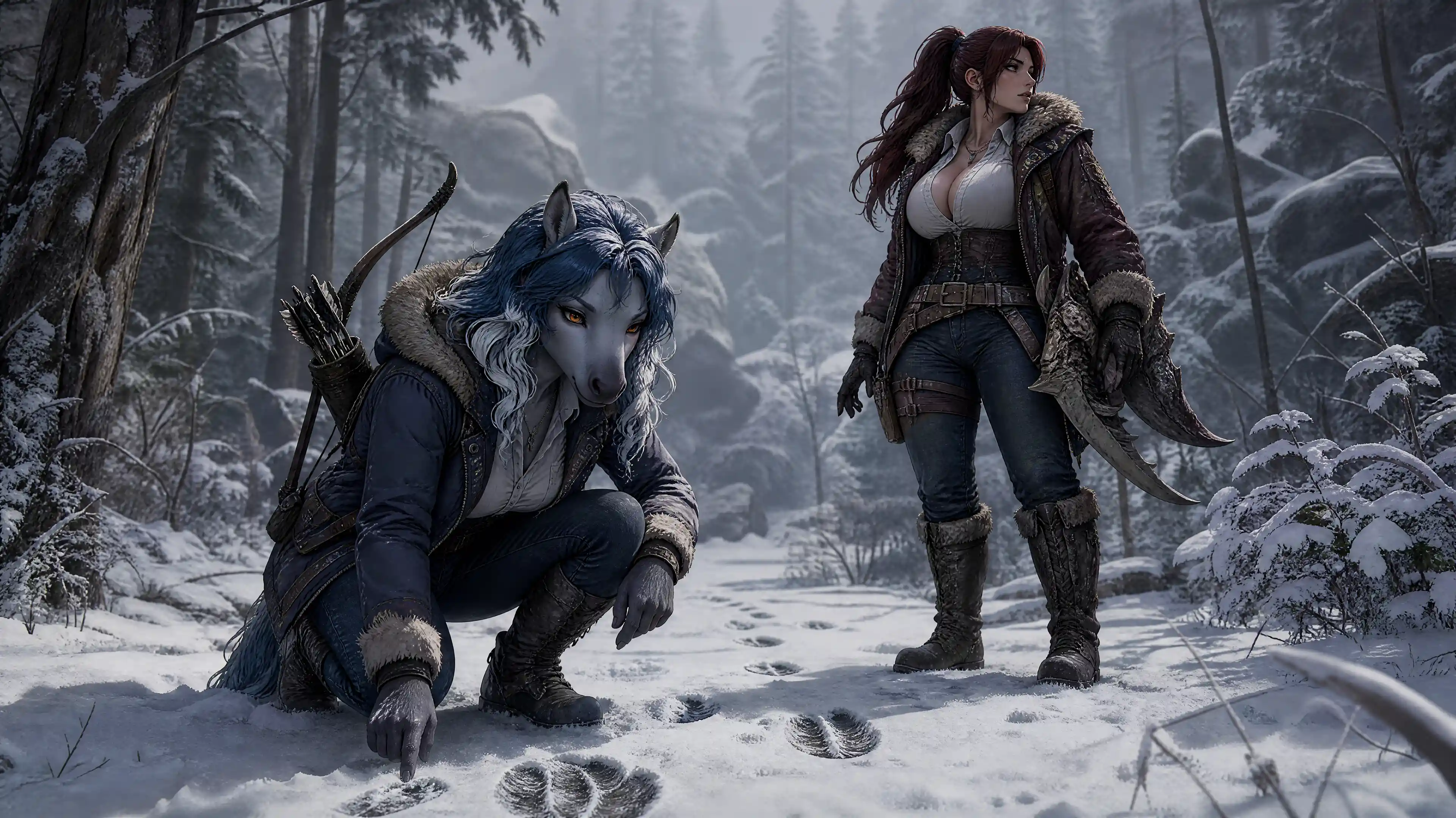 Fantasy huntresses tracking footprints in a snowy forest winter