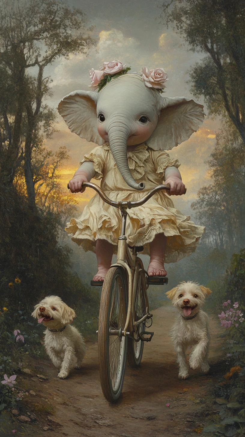 Elefante de vestido amarelo pedalando por uma trilha na floresta