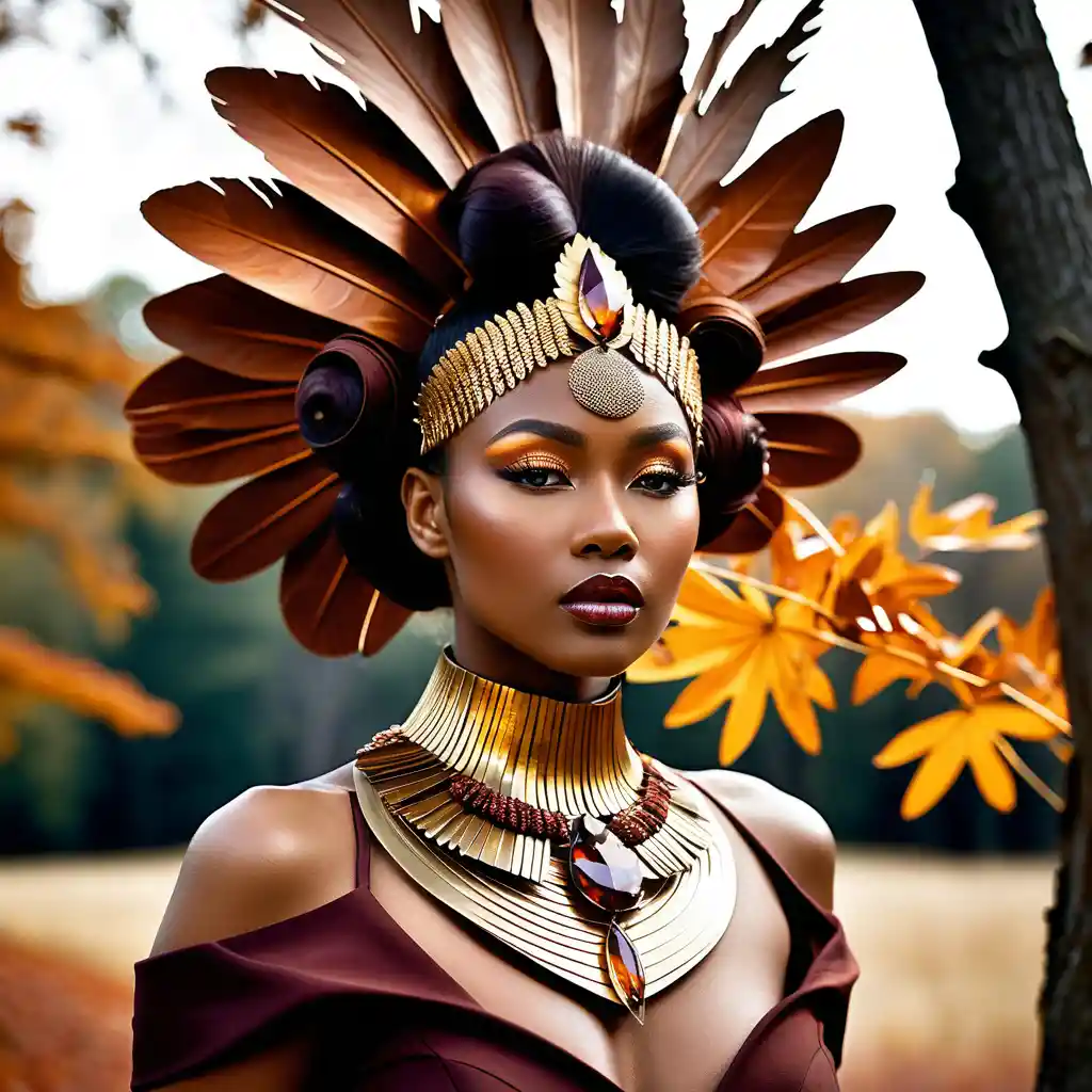 Regal black woman in surreal autumn couture portrait