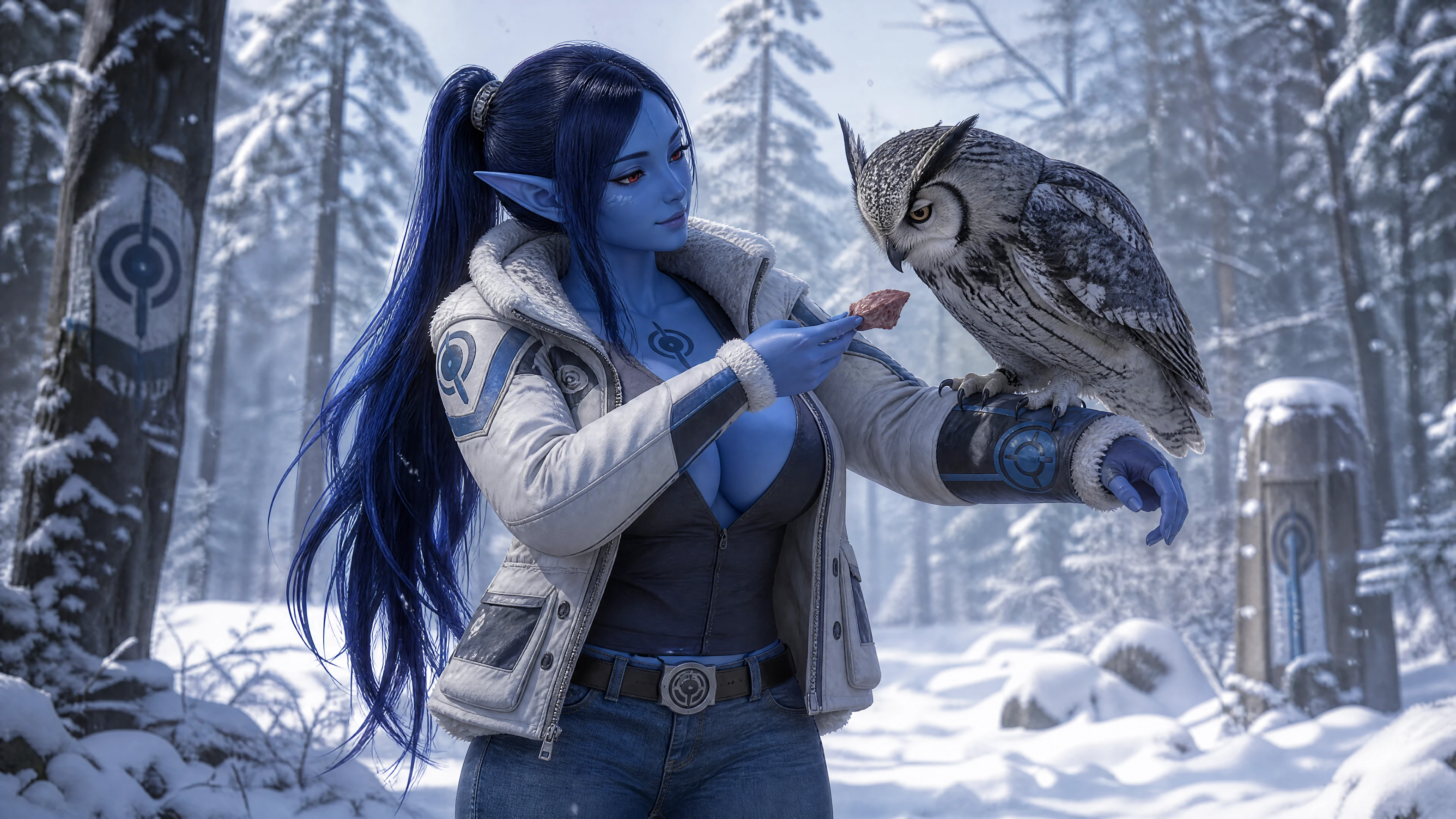 Mulher de ficção científica de pele azul alimentando uma coruja na neve