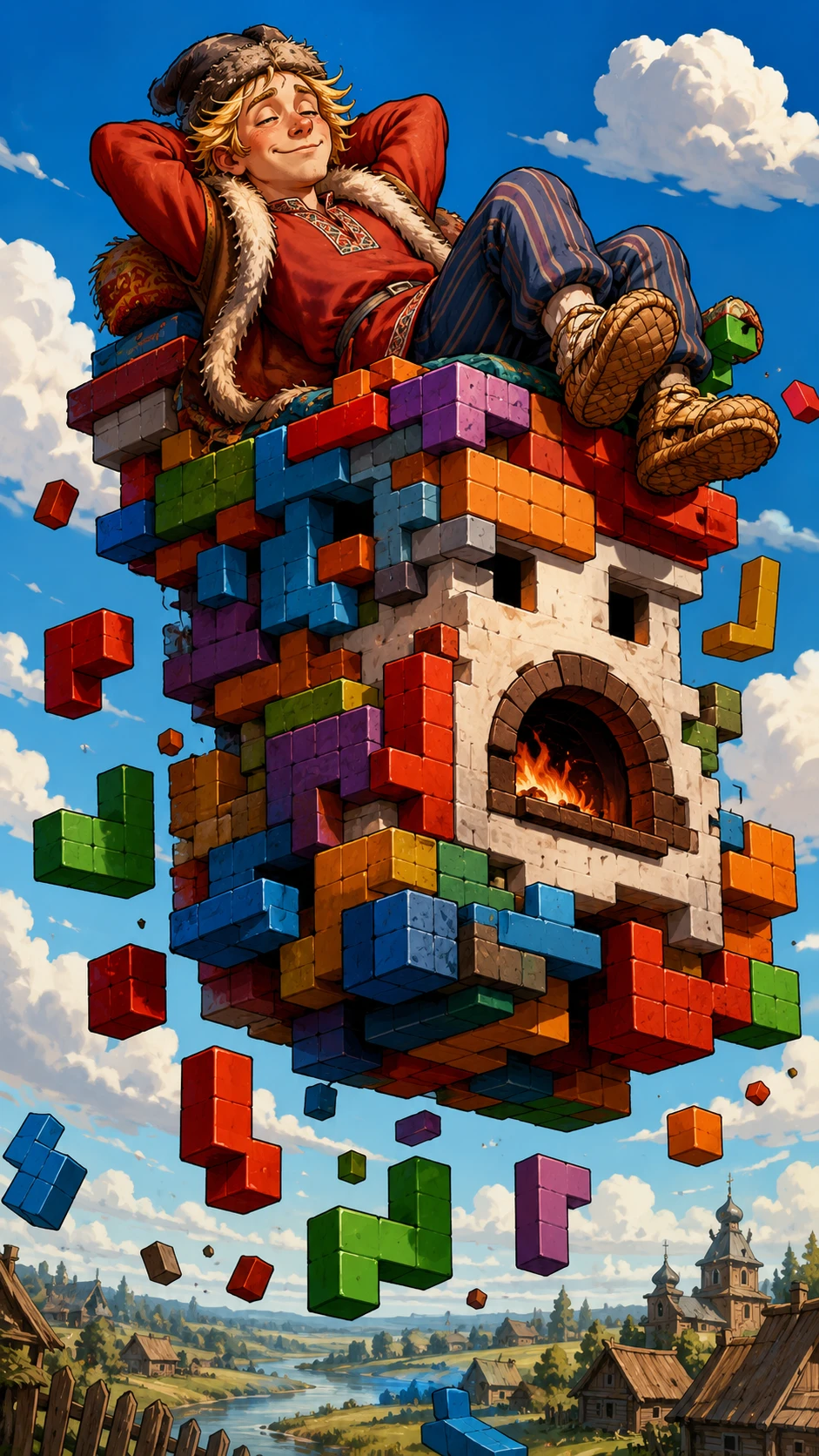Emelya em desenho animado descansando em um fogão de tijolos flutuante de Tetris