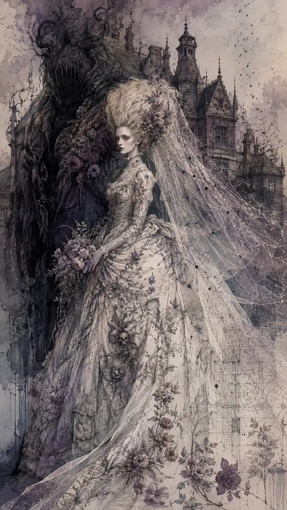 Sposa soprannaturale accanto a una creatura d’ombra nascosta