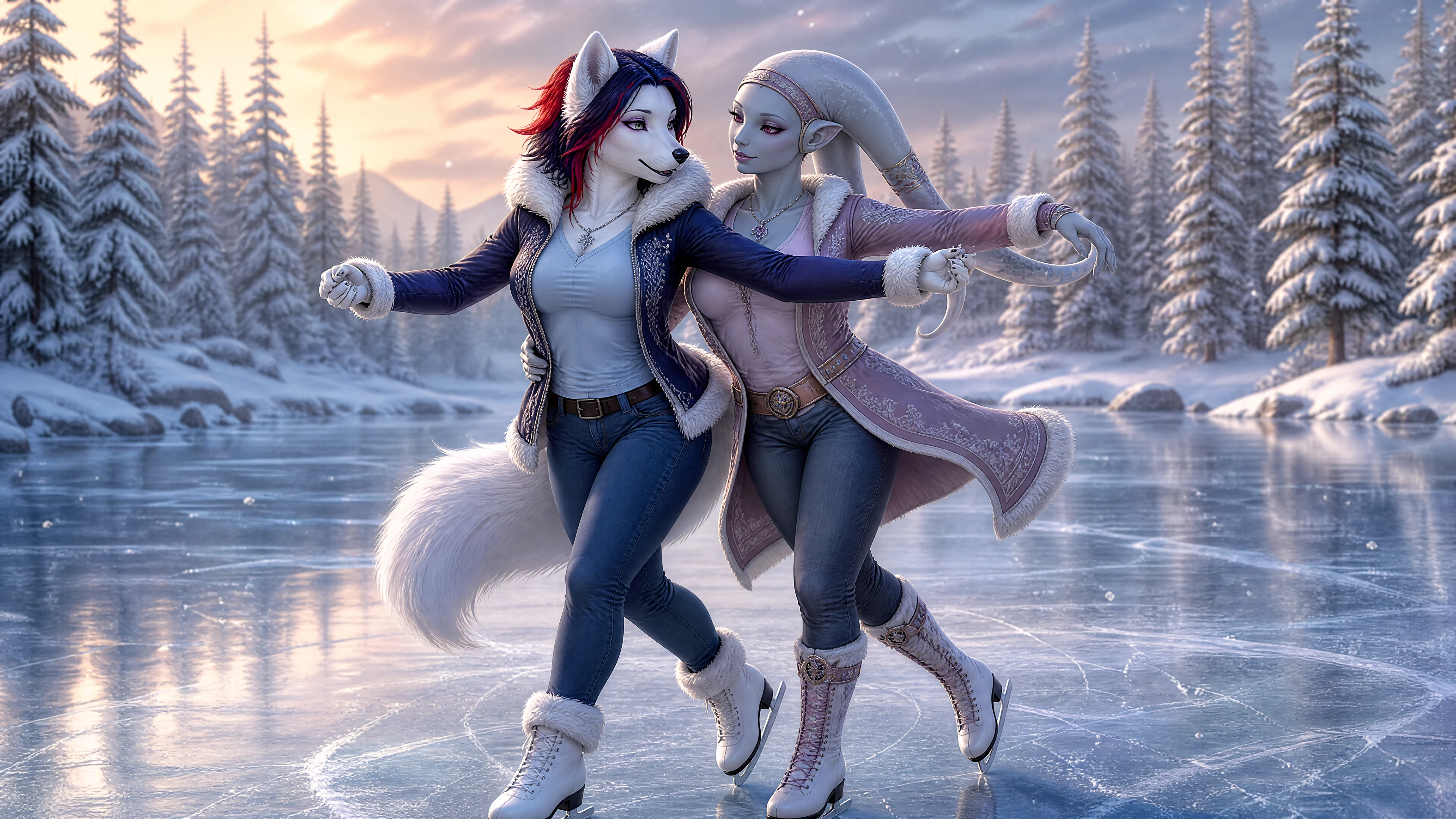 Mulher-loba antrópica e amante twi’lek patinando no gelo juntas