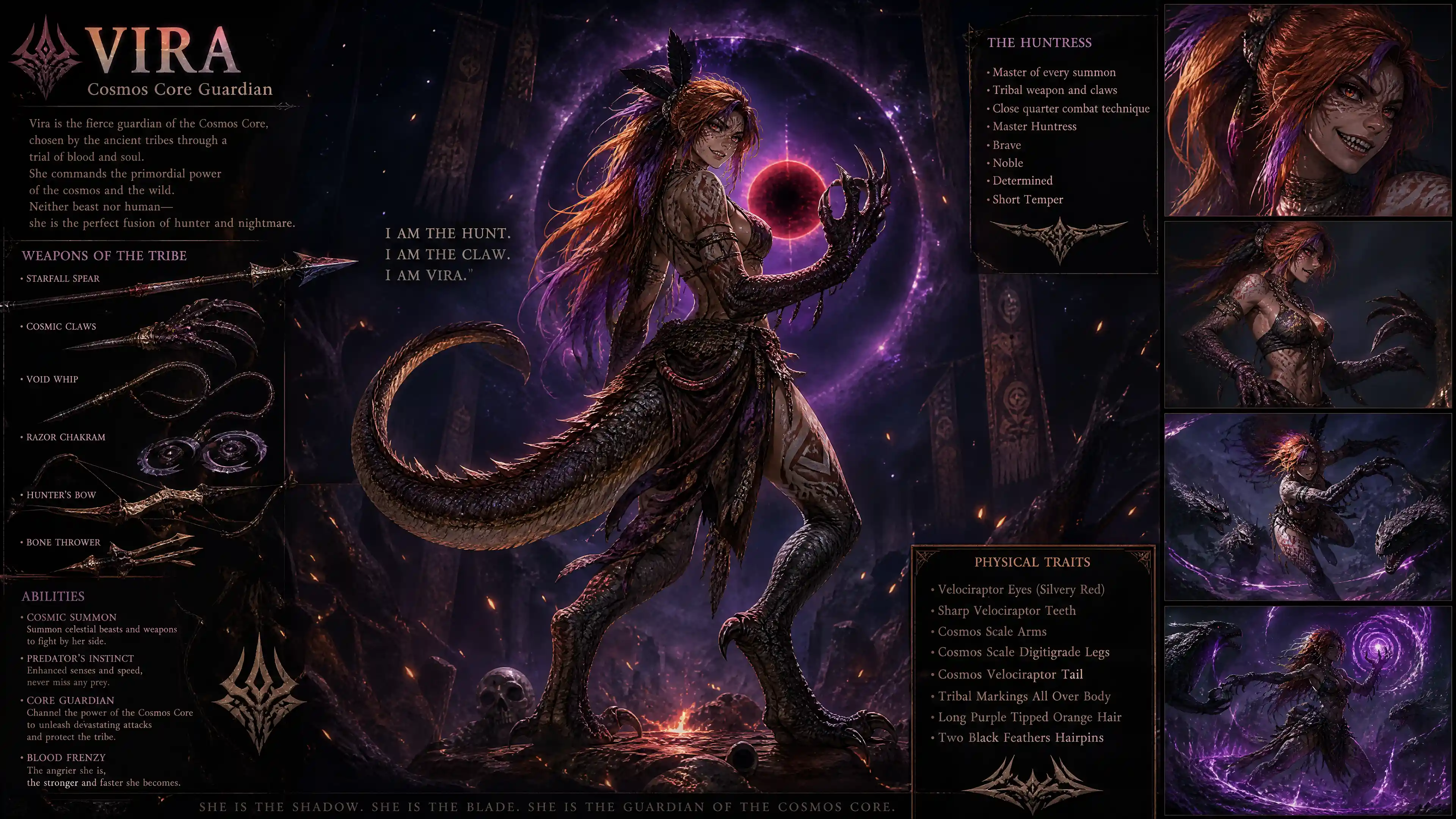 Cosmic tribal huntress with raptor features and war paint