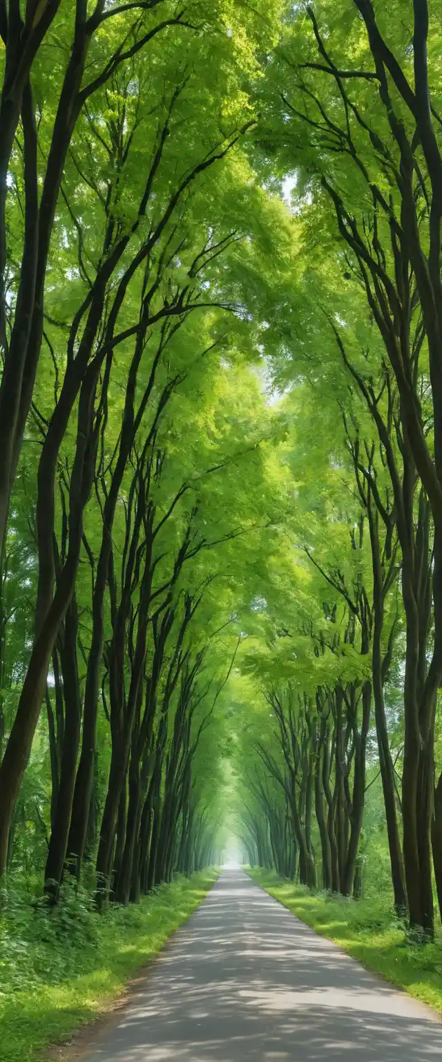 Forest road surrounded by tall green trees and foliage