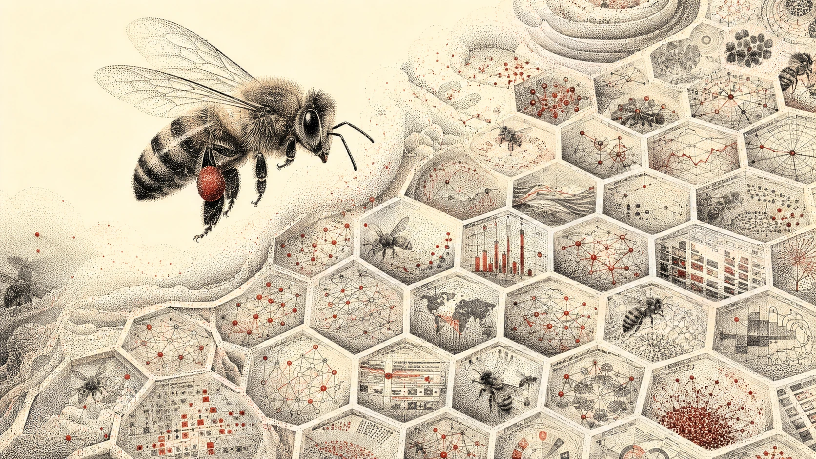 Honeybee Hovering Over Surreal Data Filled Honeycomb Pattern