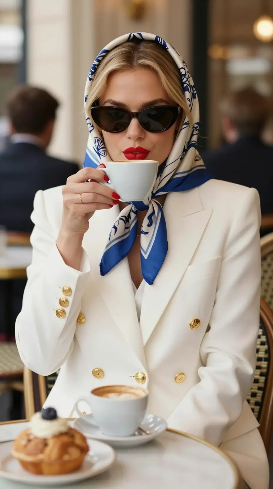 優雅金髮女子穿白色西裝外套在室內啜飲咖啡