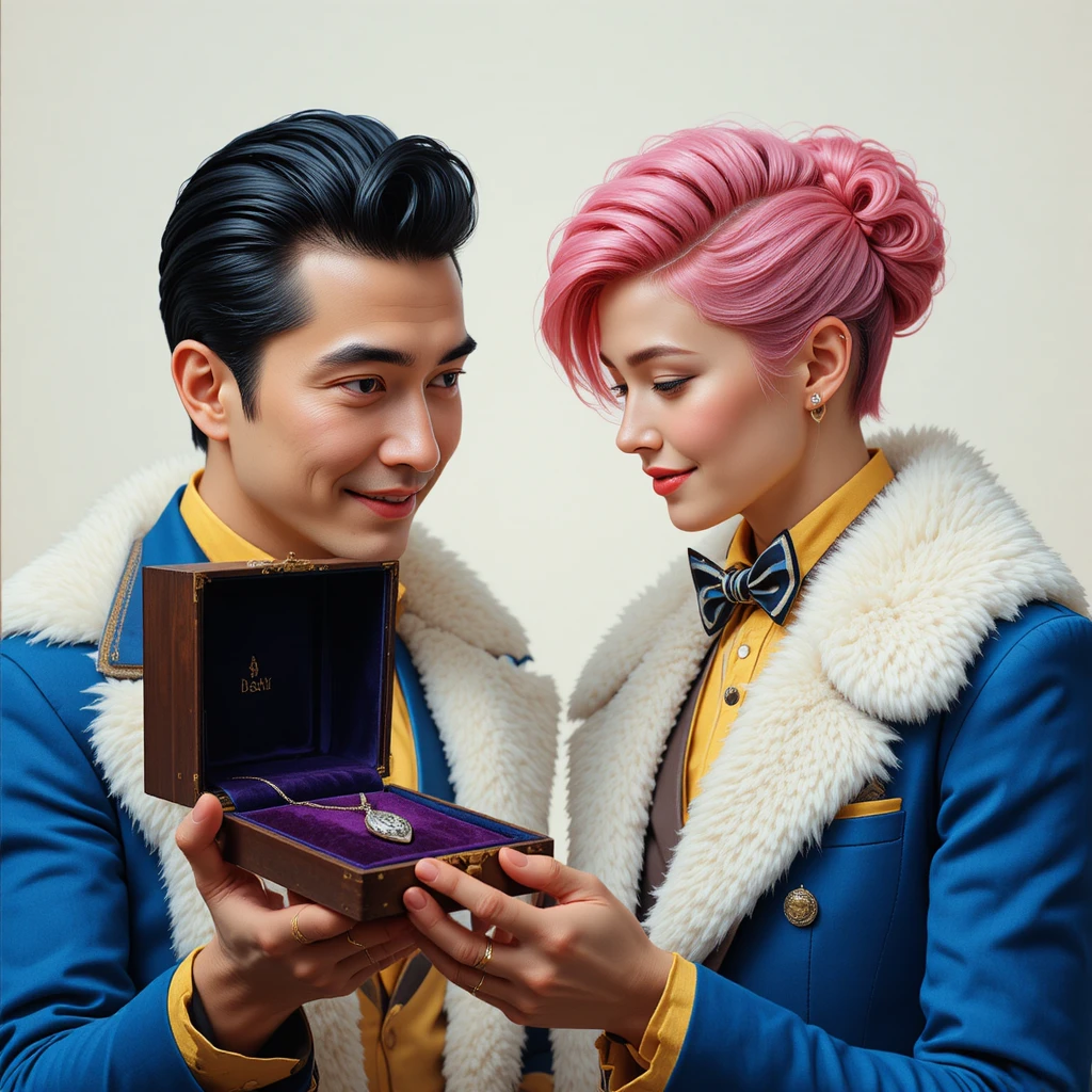 Man offering silver locket to woman in fur coat