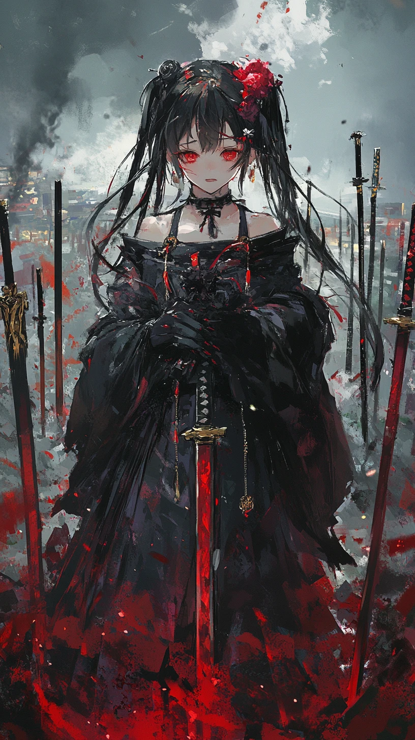 Ragazza anime triste che cammina in un campo di spade cadute