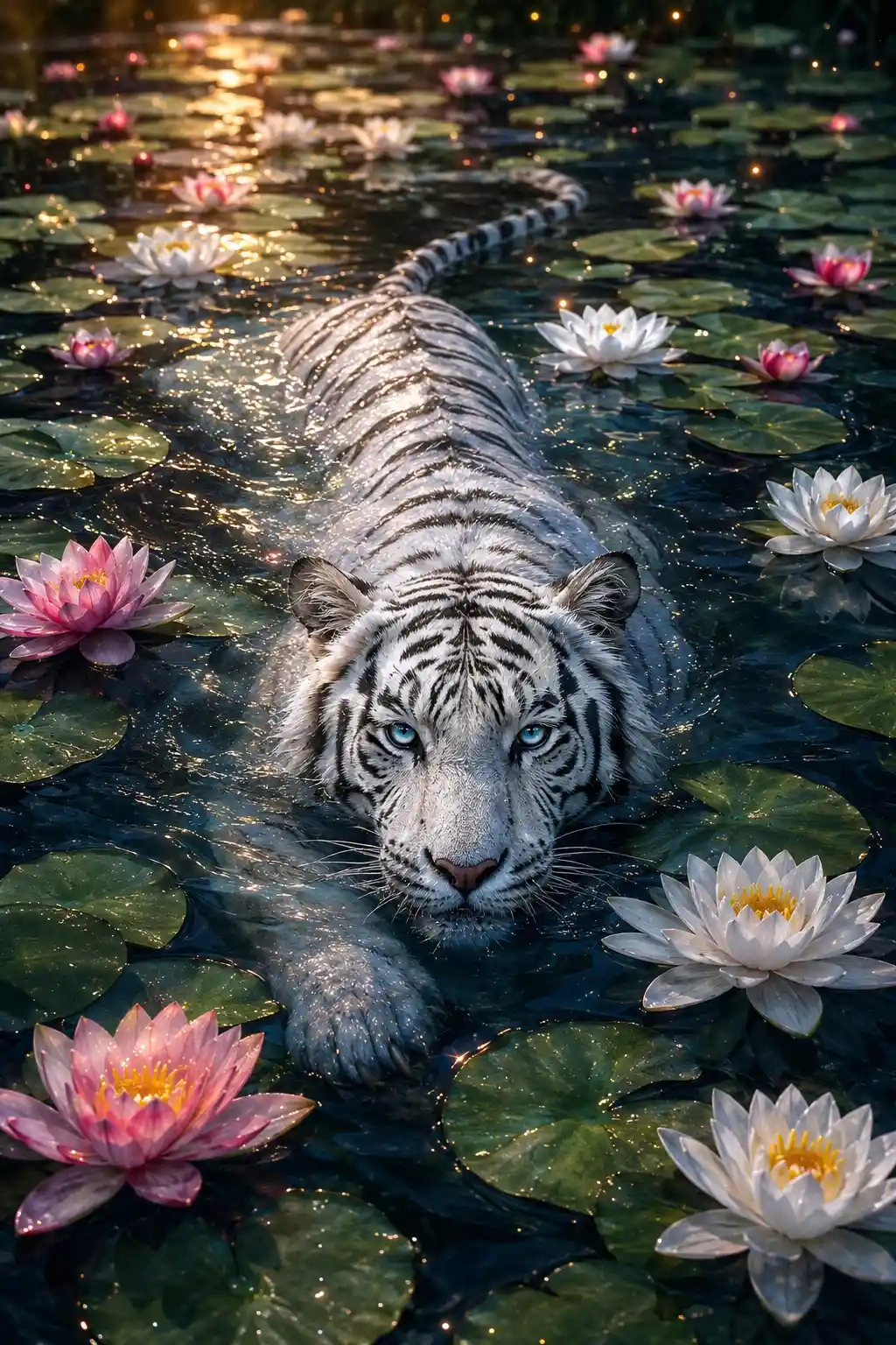 White tiger swimming through a tranquil lake of waterlilies