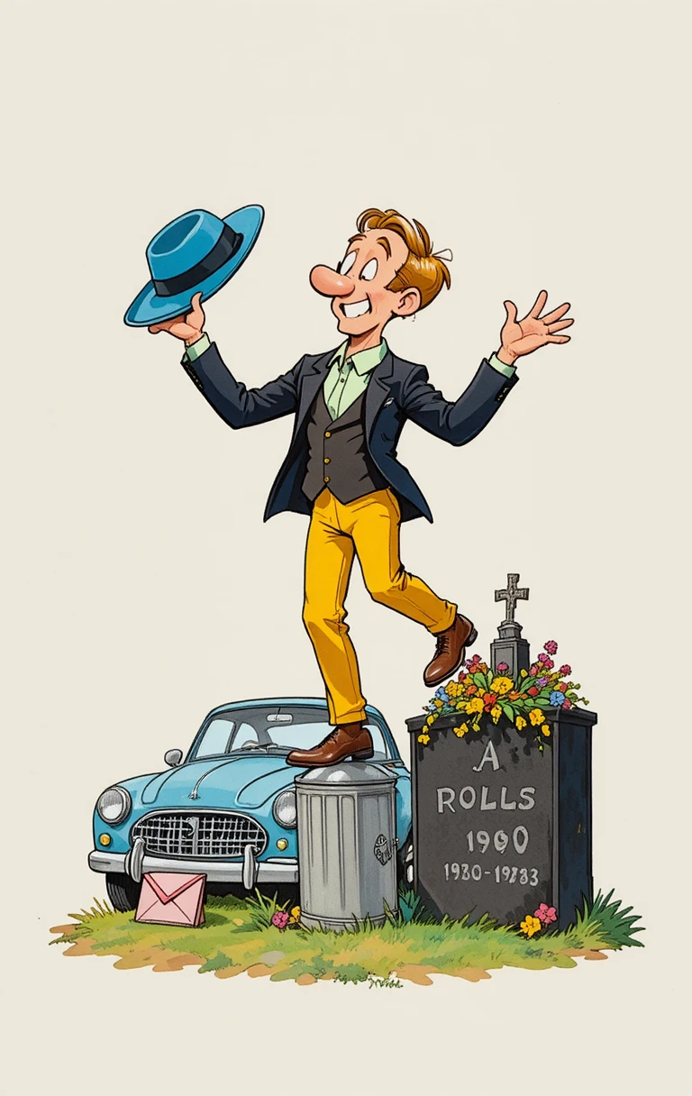 Cartoon man dancing on a trash can in comic style