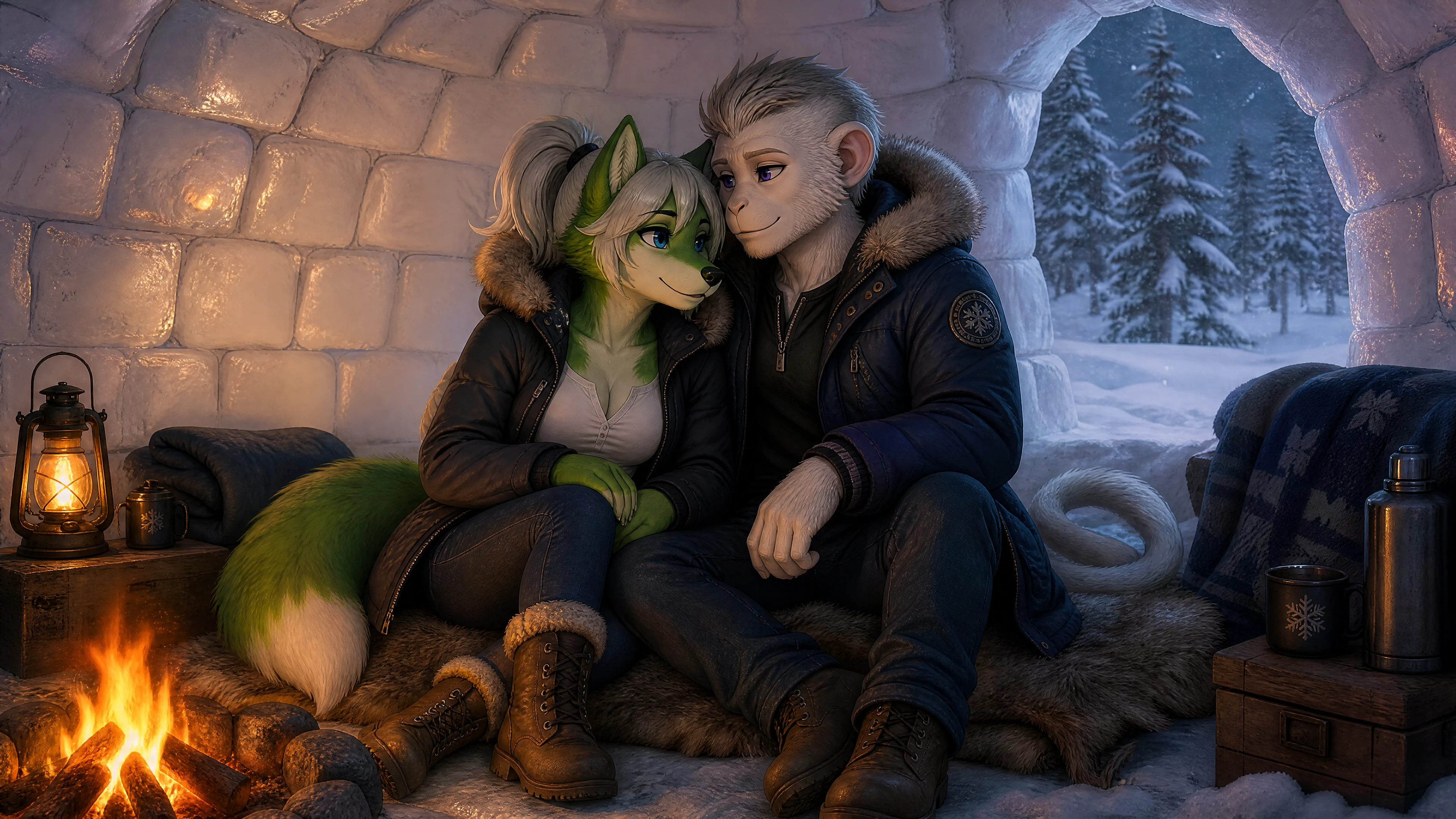 Pareja anthro junto a una fogata dentro de un iglú invernal