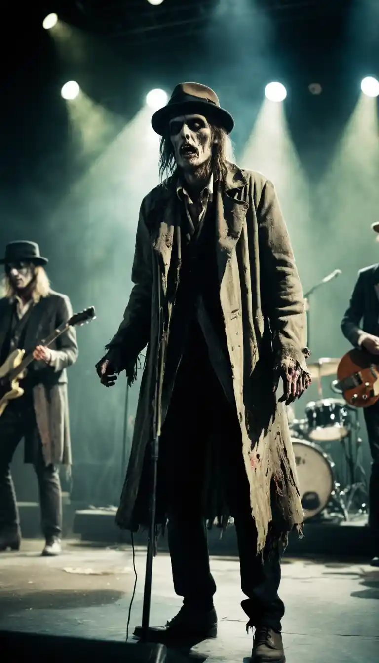 Zombie rock band performing live on a dark stage