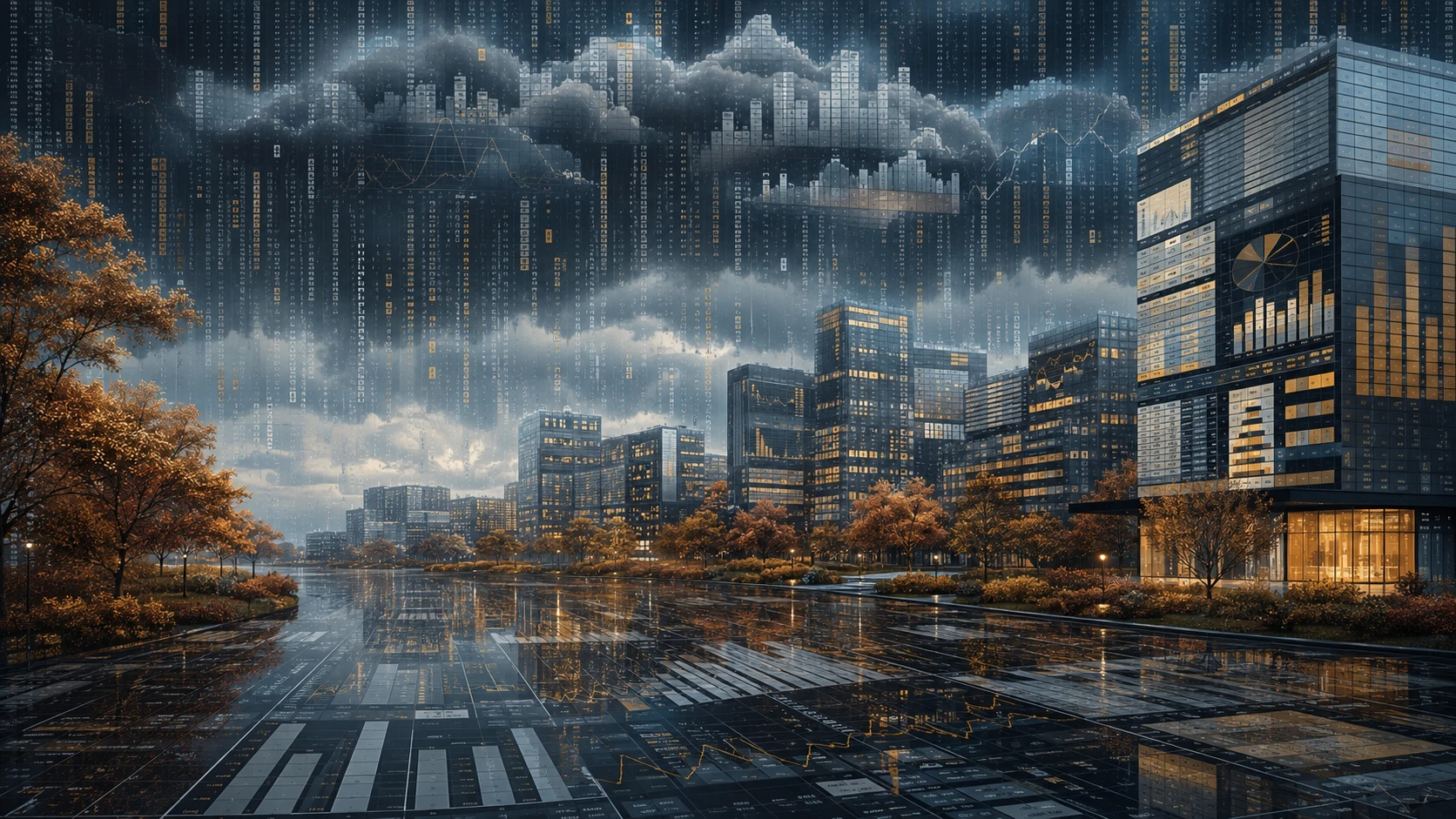 Cinematic rainy cityscape with data driven autumn landscape