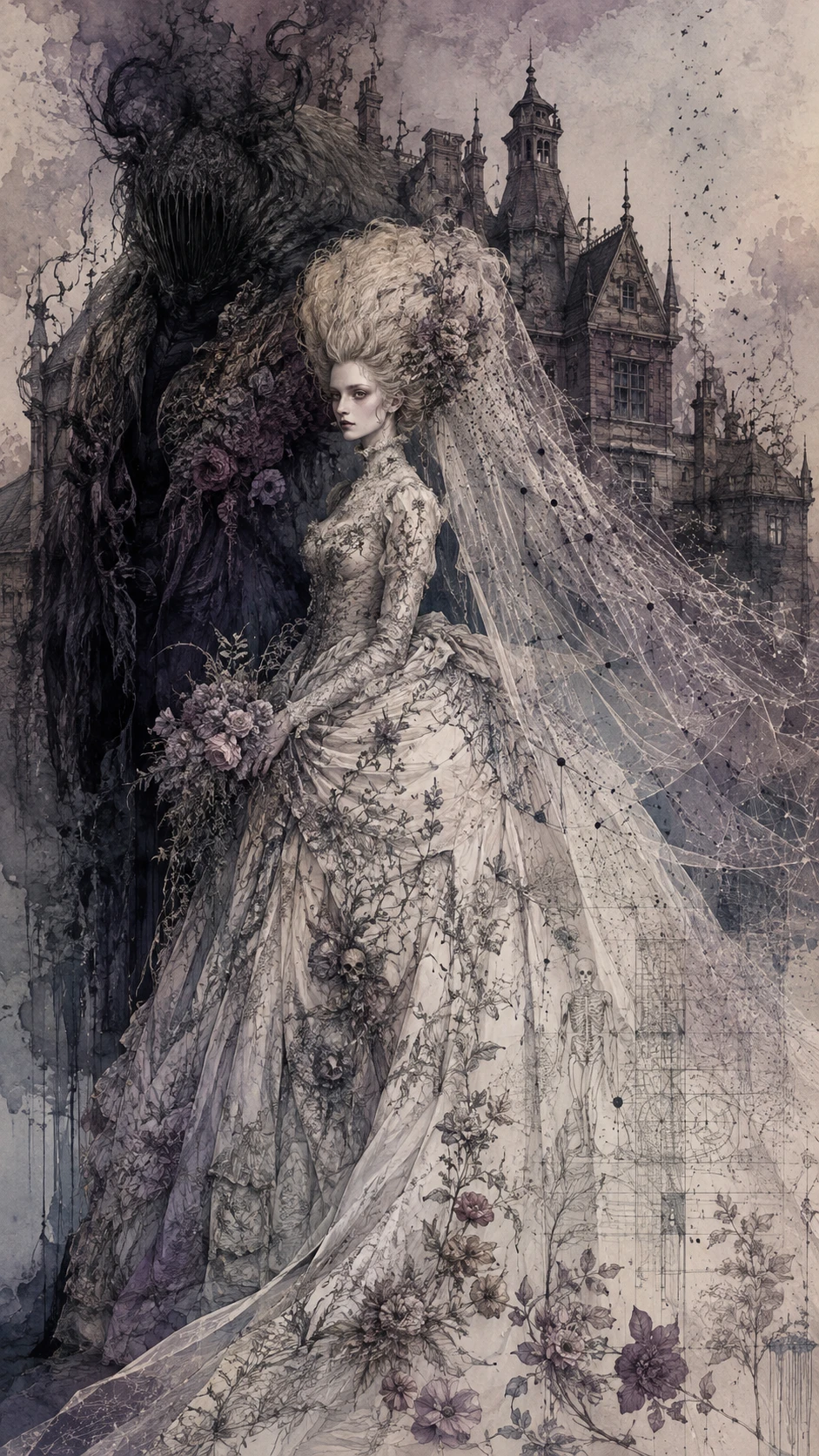 Sposa soprannaturale accanto a una creatura d’ombra nascosta