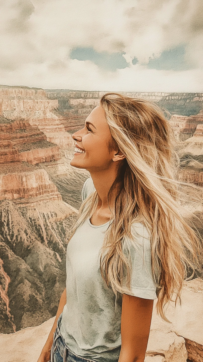 Retrato em aquarela de uma mulher sorridente sobre montanhas de cânion