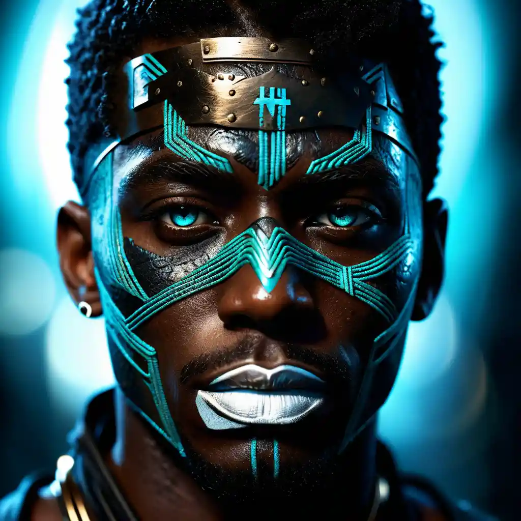 Mysterious man in metal mesh with glowing turquoise eyes