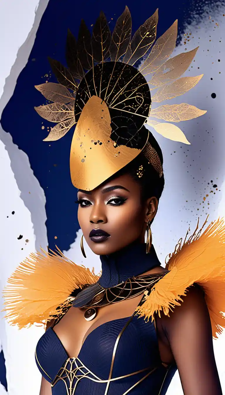 Regal afrofuturist fashion portrait in autumnal textures