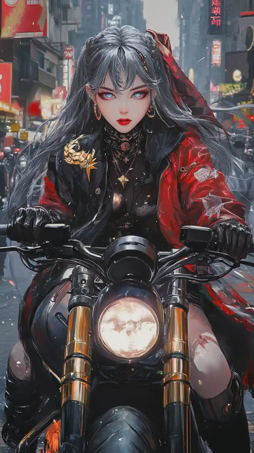 Anime girl riding a cyberpunk motorcycle through riots