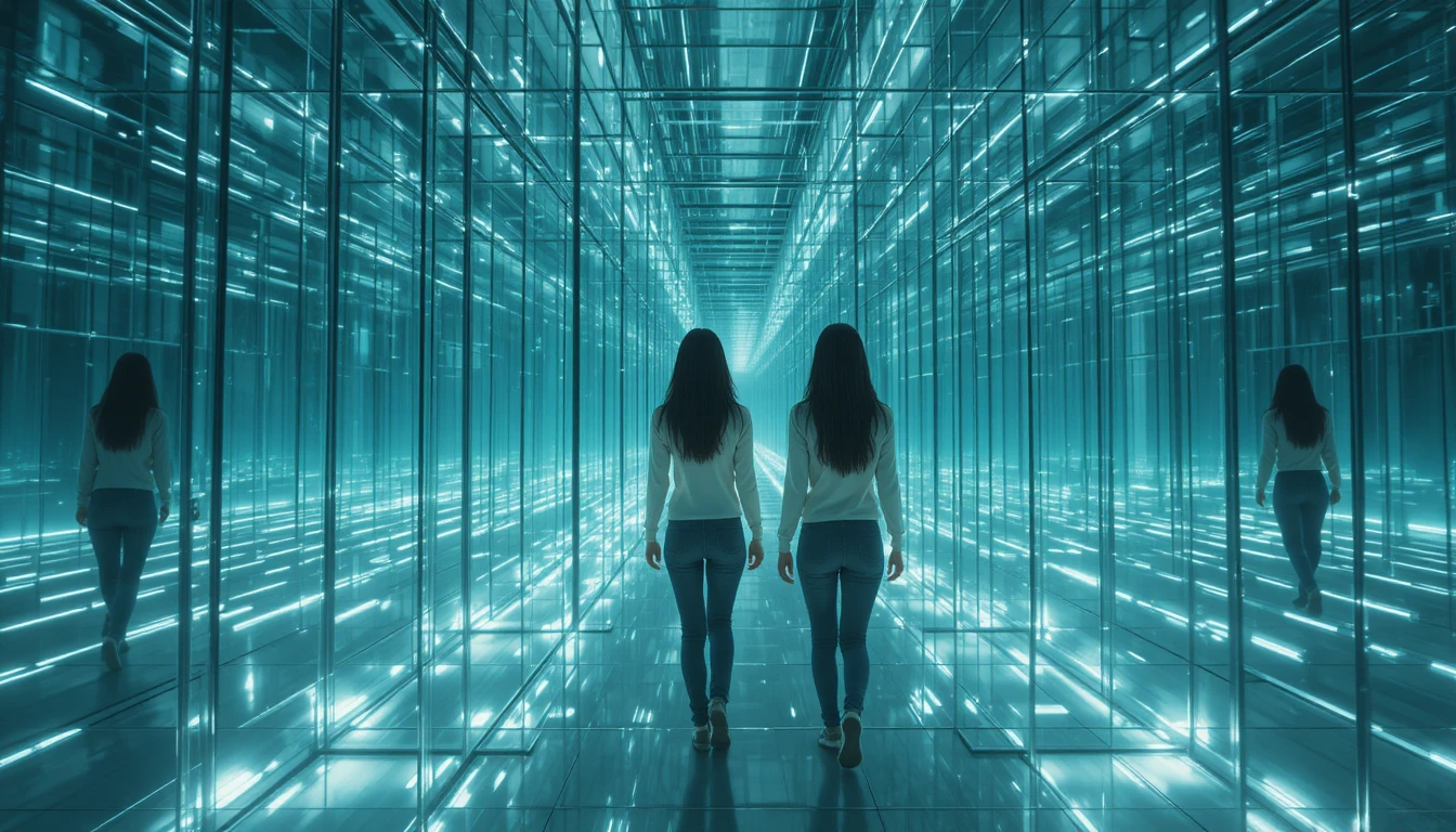 Duas mulheres perdidas em um colossal labirinto de vidro e reflexos