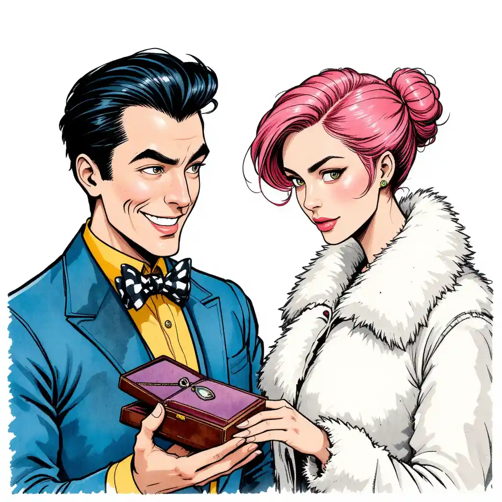 Comic couple exchanging a silver locket in a tense moment