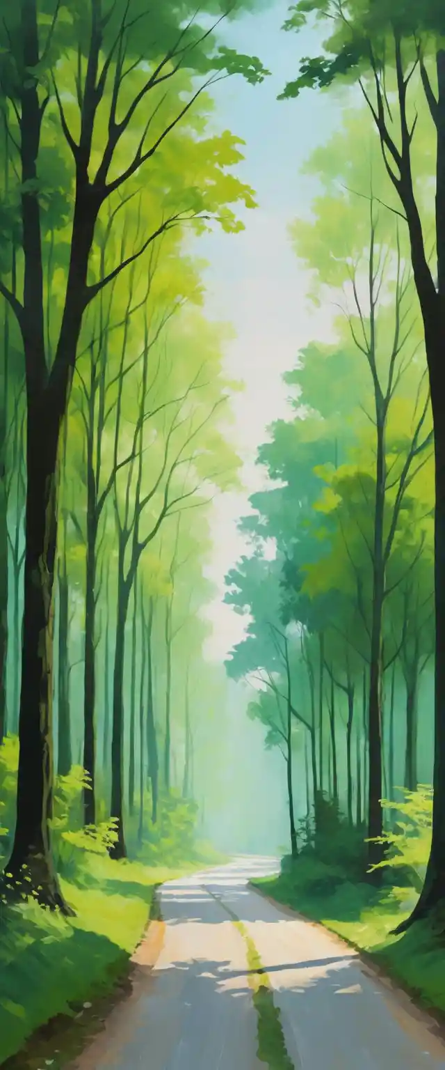 Forest road lined with green trees and calm water