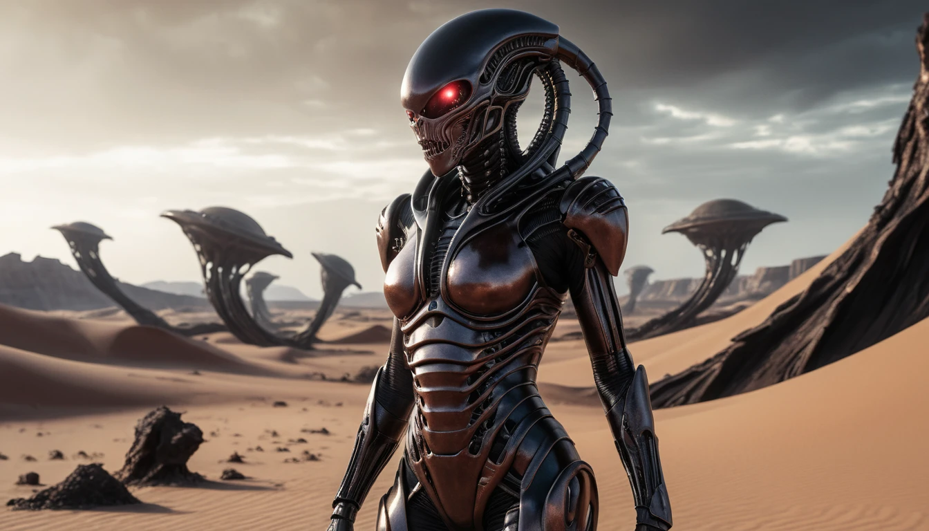 Mulher biomecânica caminhando por um deserto alienígena abrasado