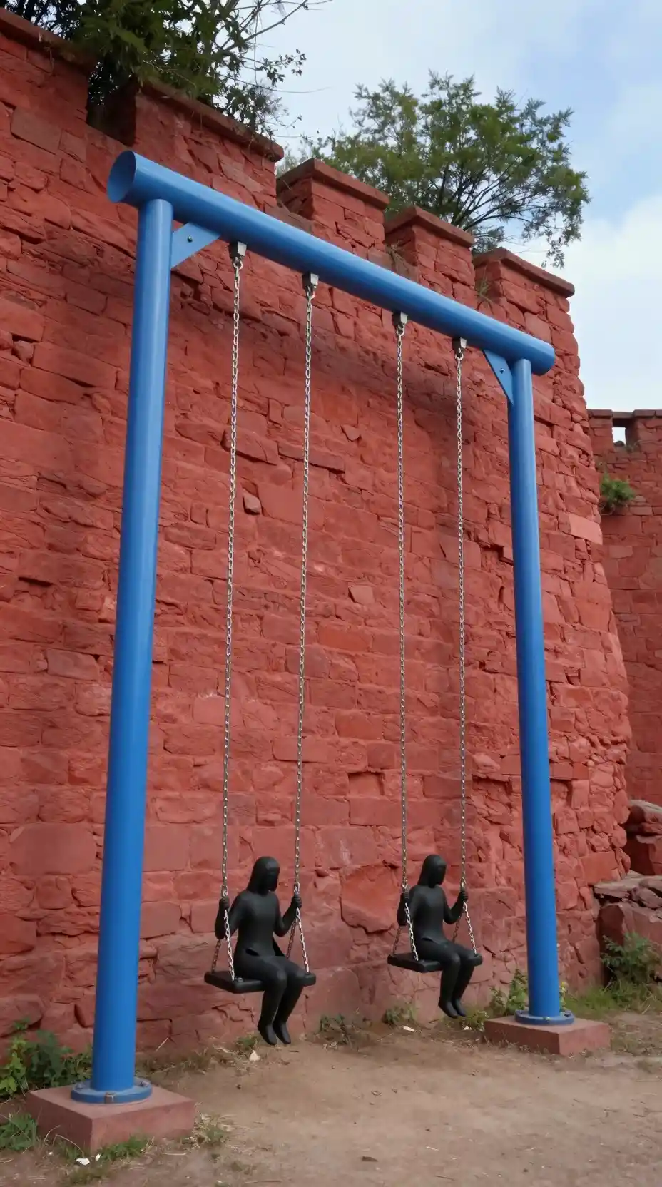 Altalena in metallo blu davanti a un alto muro di mattoni rossi