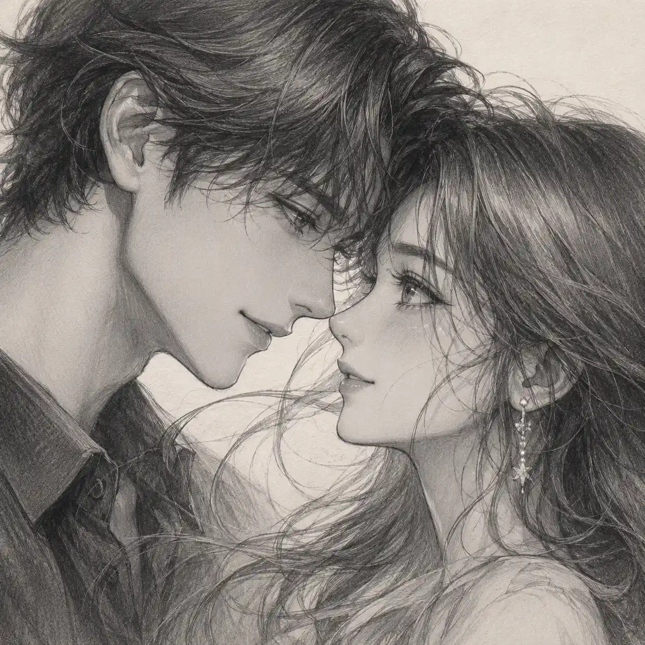 Ritratto a matita in primo piano di una coppia anime romantica