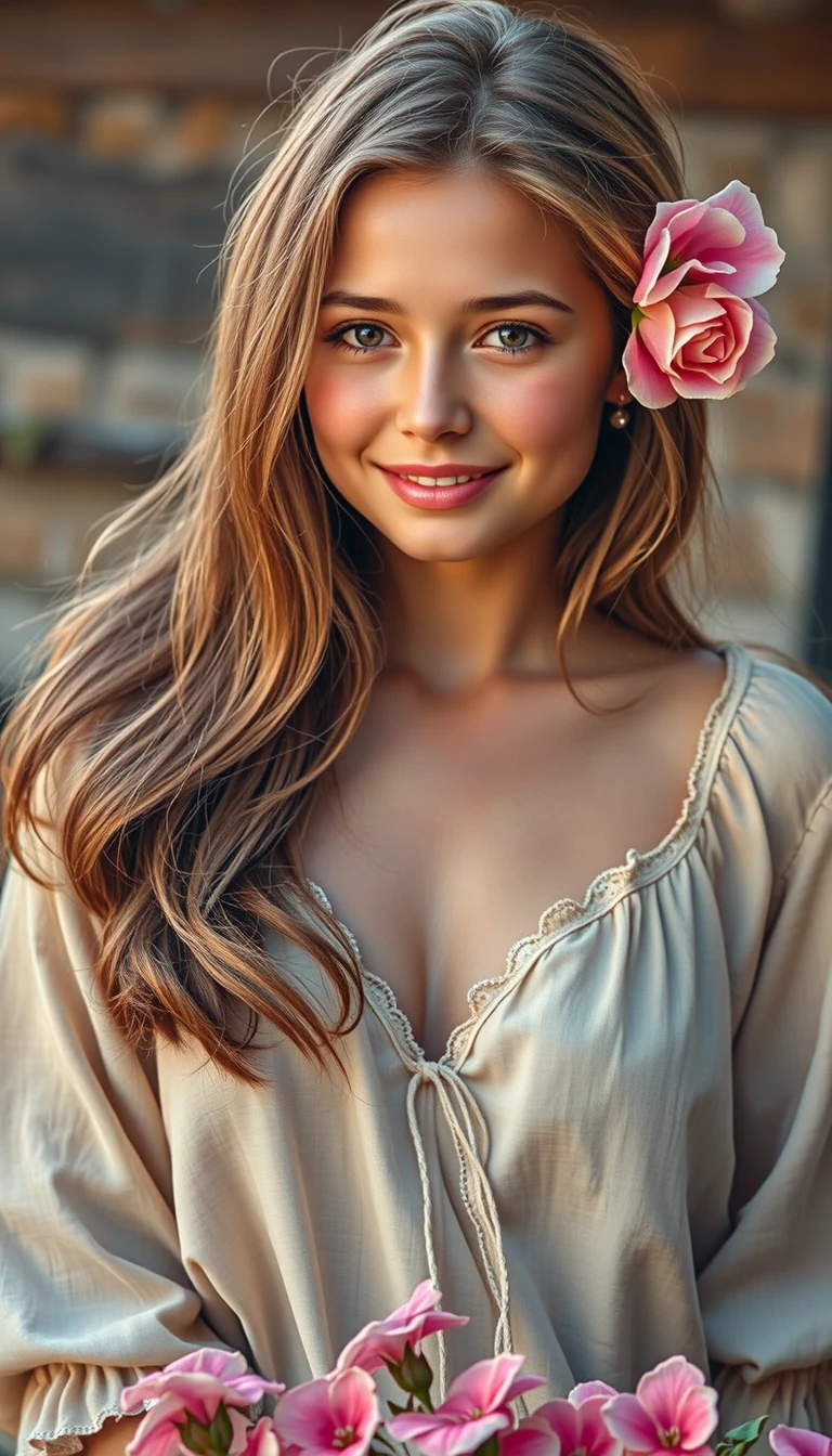 Ritratto sensuale di una giovane donna con cappello di paglia e fiori