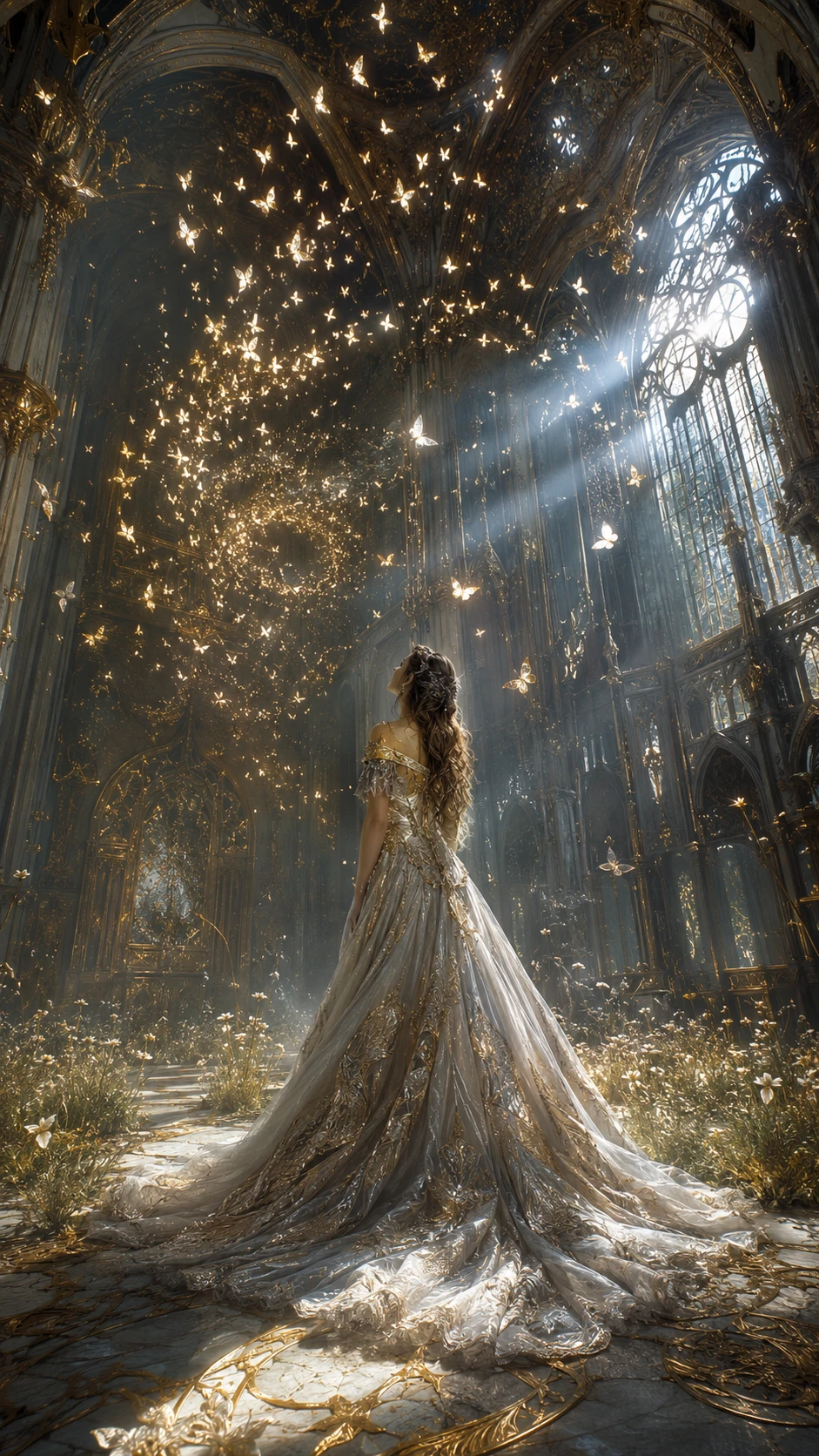Woman In Gilded Gown Beneath Butterflies In Ruined Cathedral