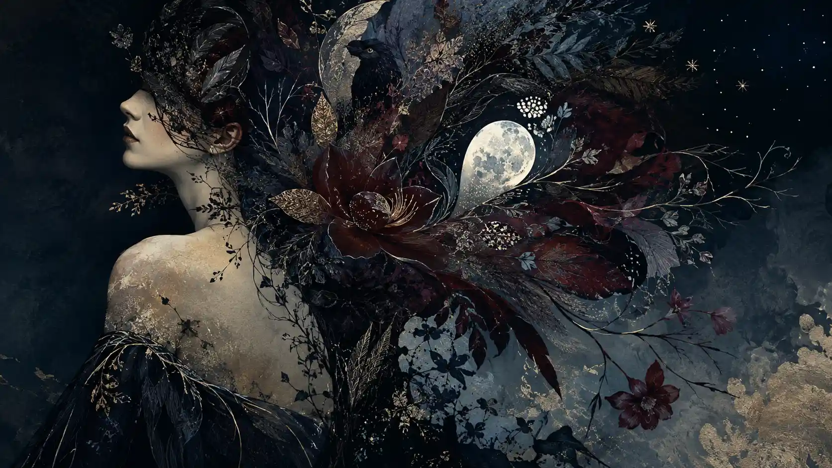 Surreal woman dissolving into an ornate nocturnal garden