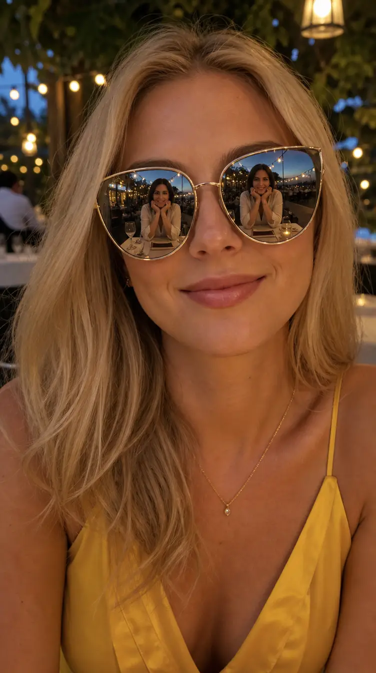 Blonde woman in sunglasses on a summer restaurant date