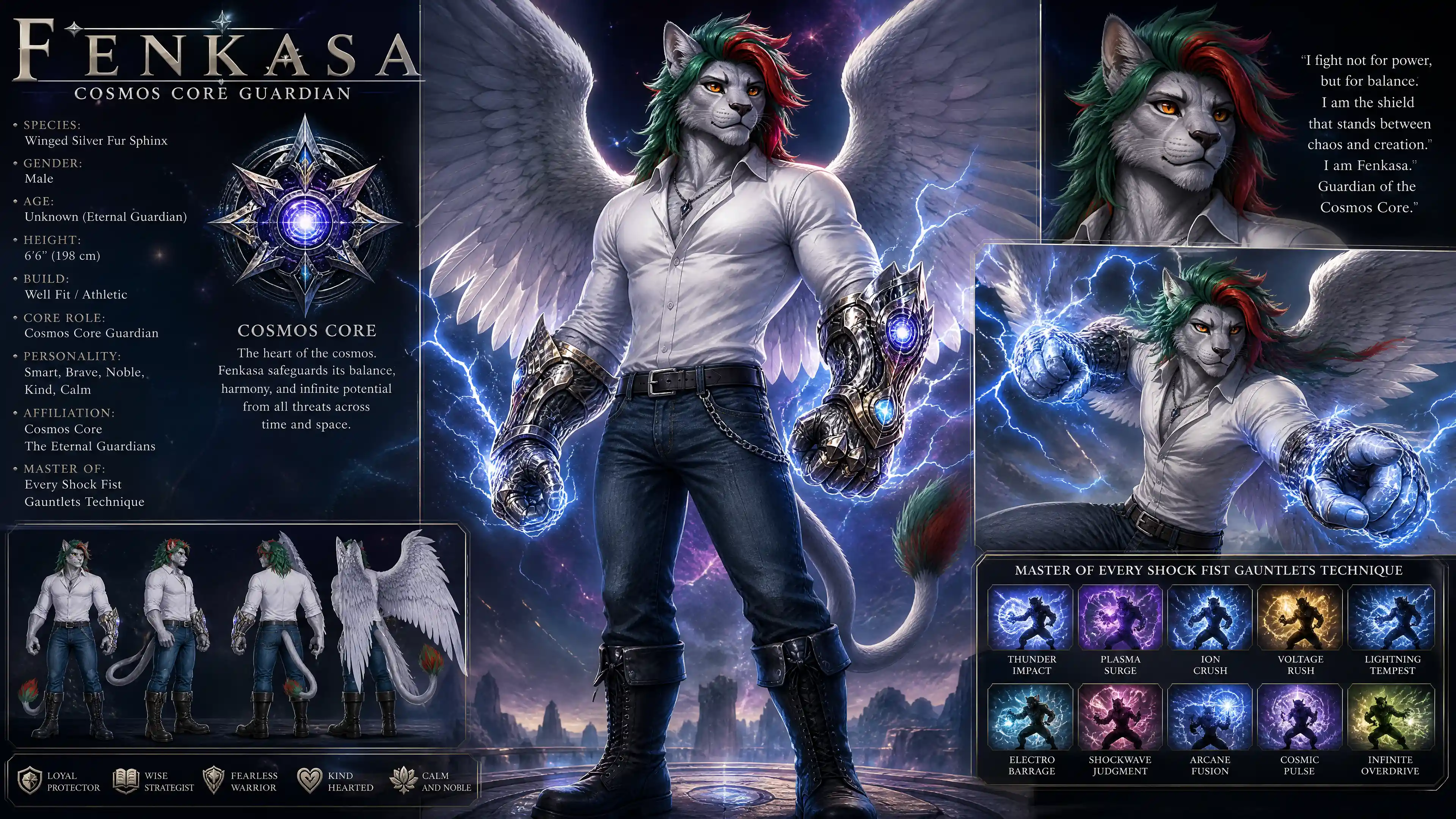 Winged silver anthro sphinx guardian in casual modern clothes