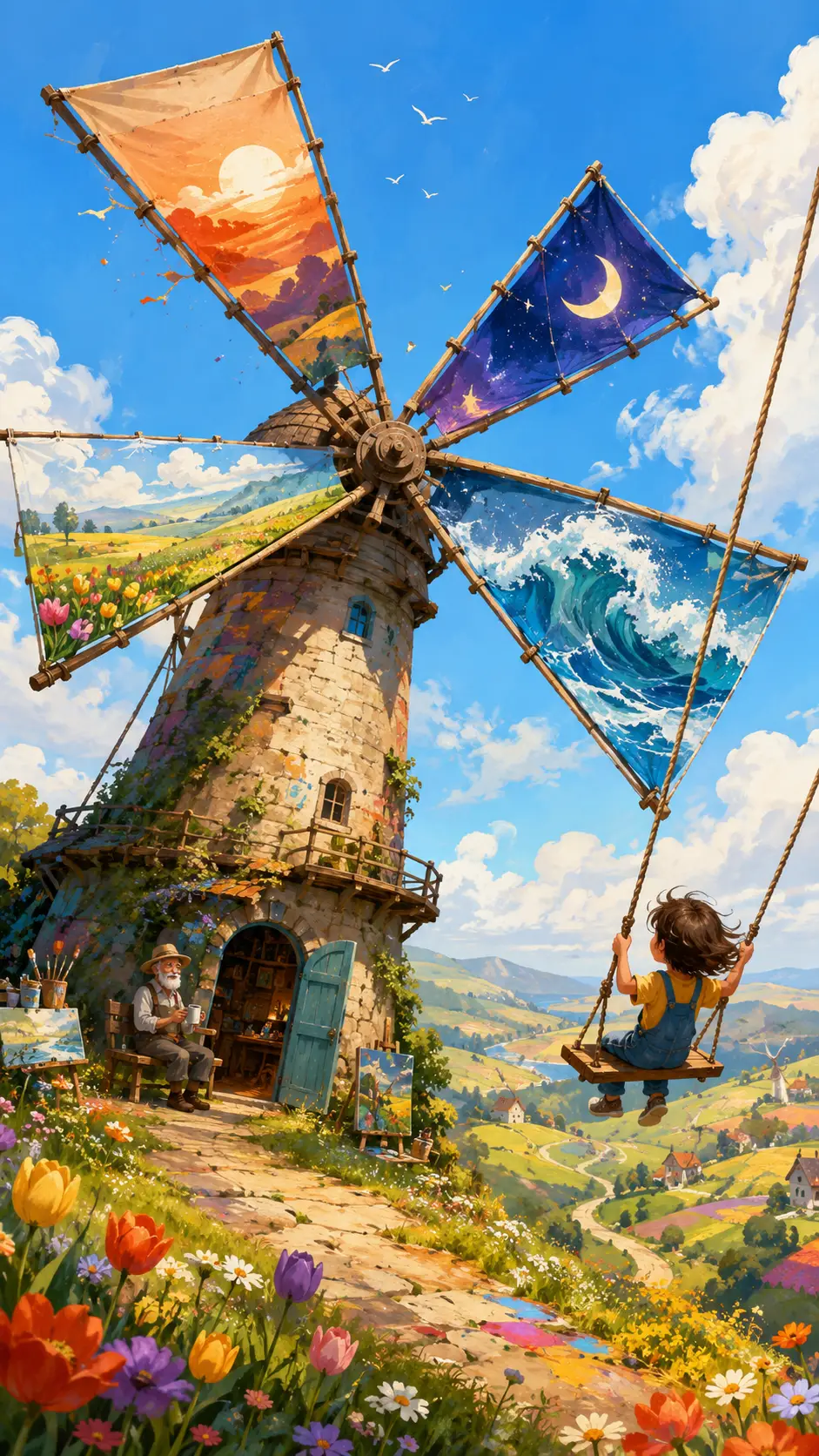 Fröhliche digitale Windmühlenszene mit lebendigen Farben der Landschaft