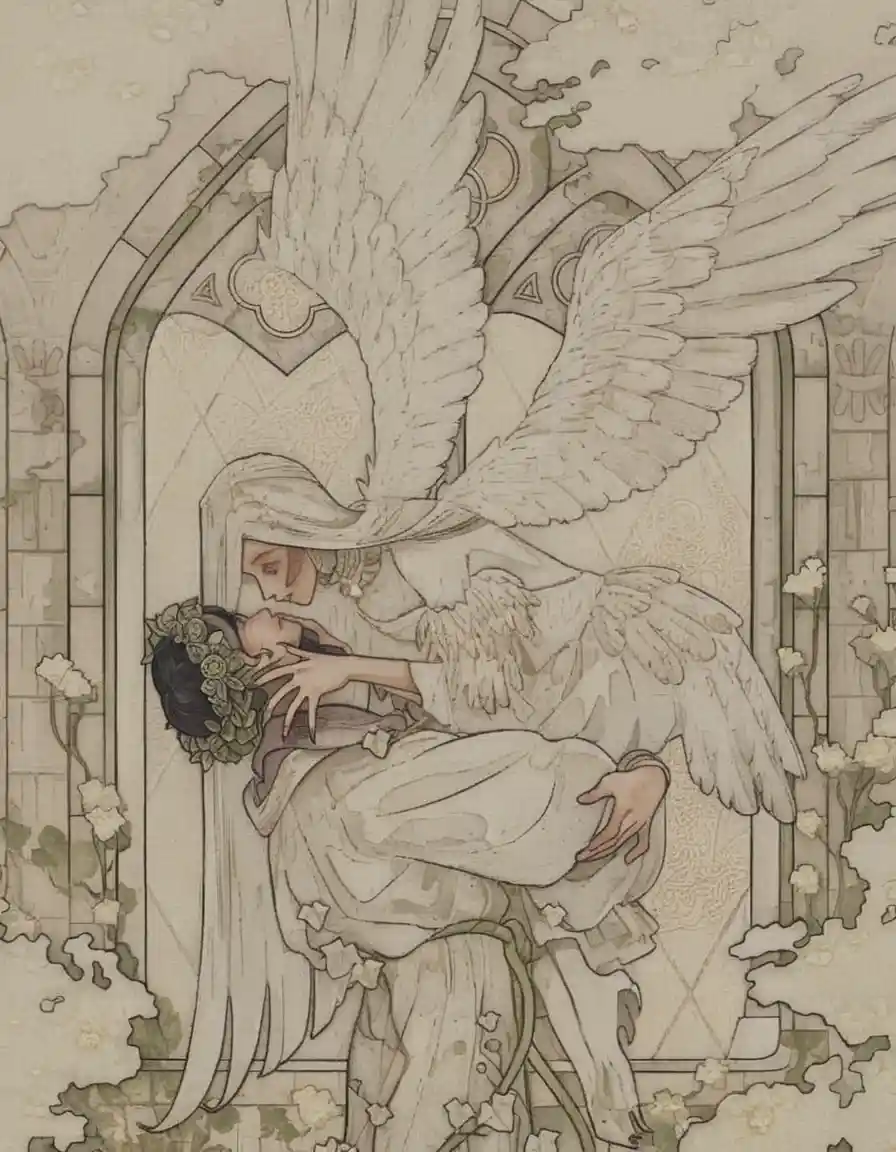 Winged woman embracing flower crowned figure by cathedral window