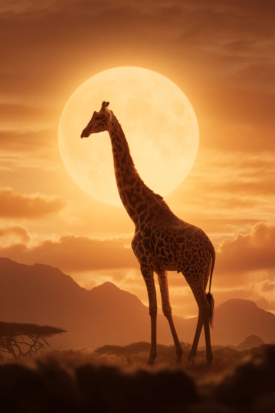 Realistic giraffe in a golden savanna sunset landscape