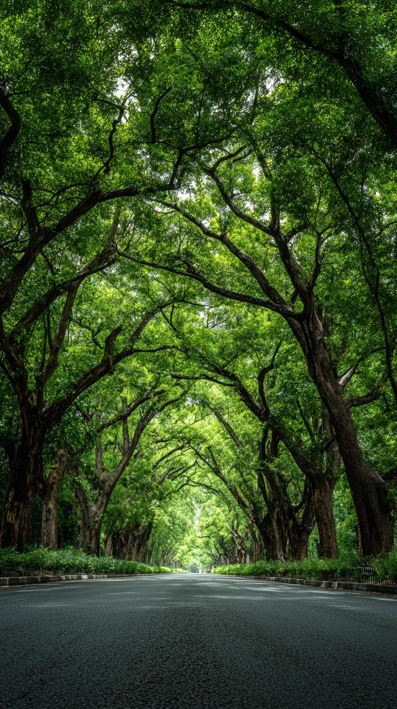 Túnel de árvores verdejantes sobre uma estrada reta na floresta
