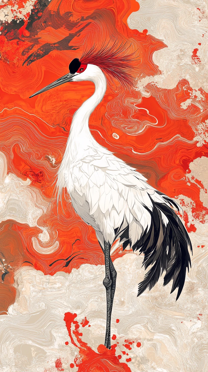 Grou-da-manchúria em pântanos coloridos de tinta Suminagashi