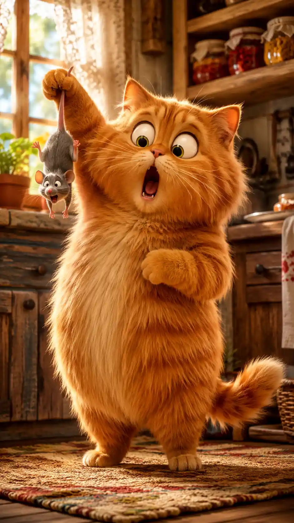 Surprised Ginger Cat Holding A Mouse In Cozy Kitchen