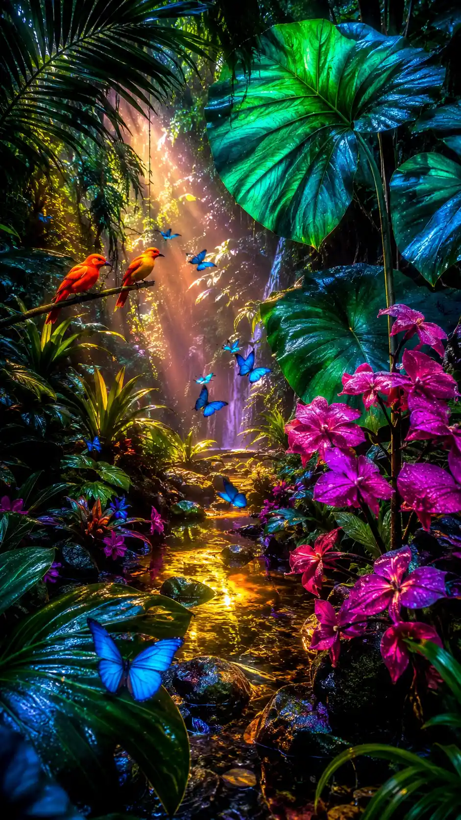 Lush tropical rainforest glowing after a warm night storm