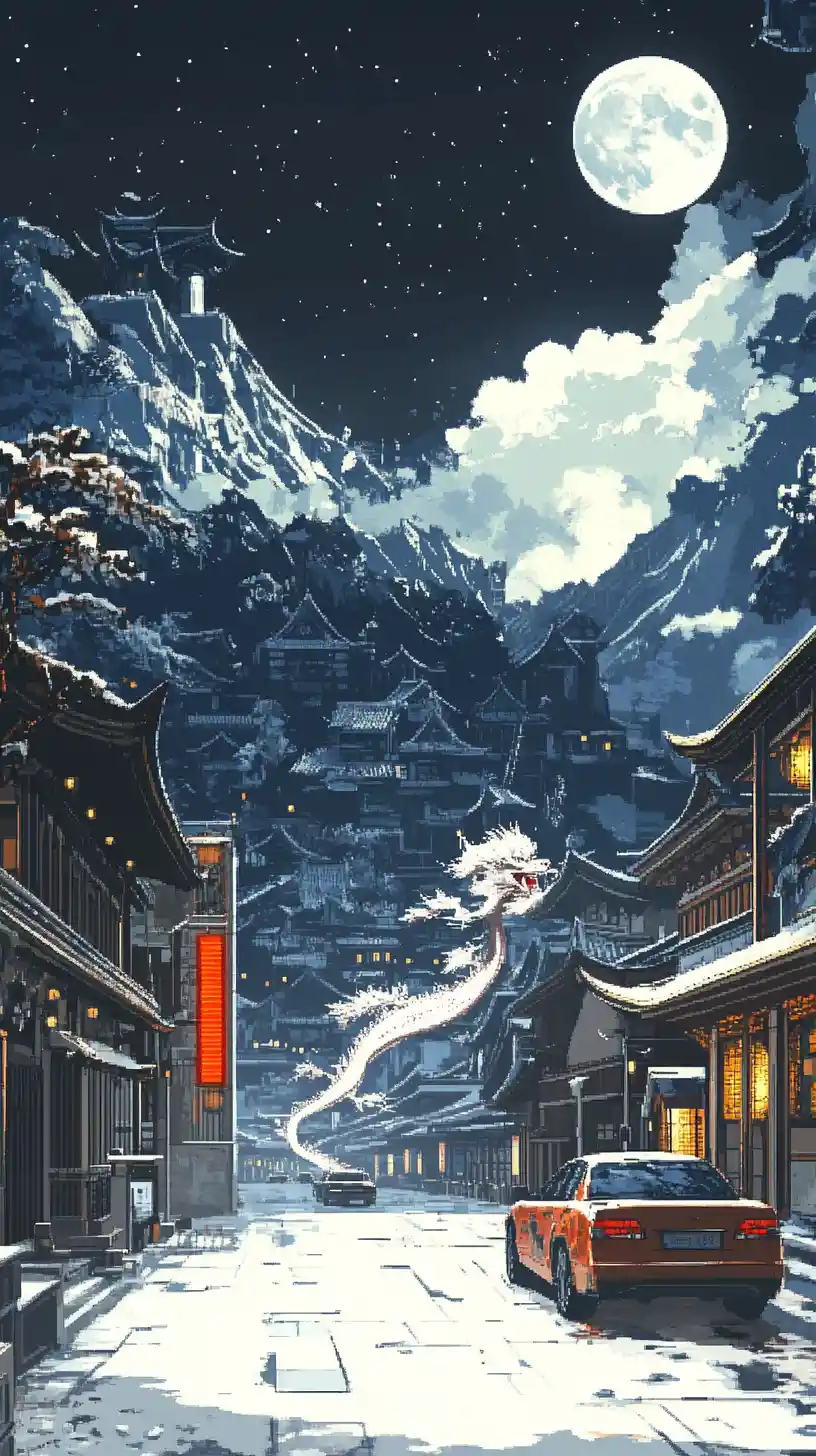 Anime city street with marble road and parked car